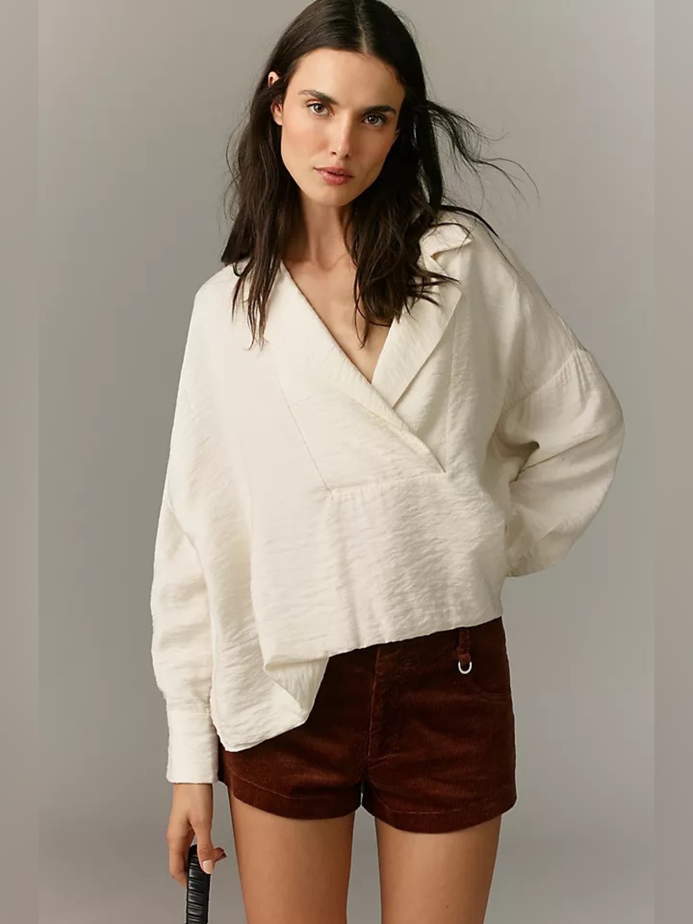 By Anthropologie Dylon Long-Sleeve Wide-Placket Top Cream Size M